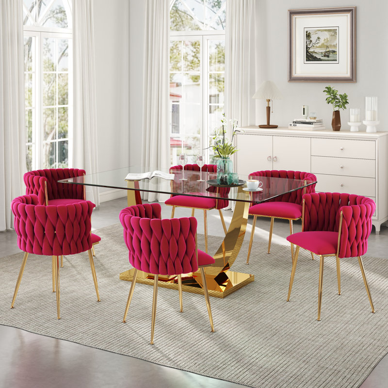 Rectangle Pedestal Dining Set with Woven Dining Chair, 29.5"H x 63"L x 35.4"W-Gold, Rose Red, Gold