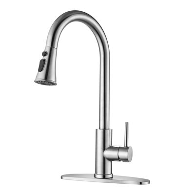 Robinet de cuisine à levier unique à grande arche en nickel brossé, robinet d'évier de cuisine en acier inoxydable à une seule couche avec douchette rétractable pour éviers à un ou trois trous