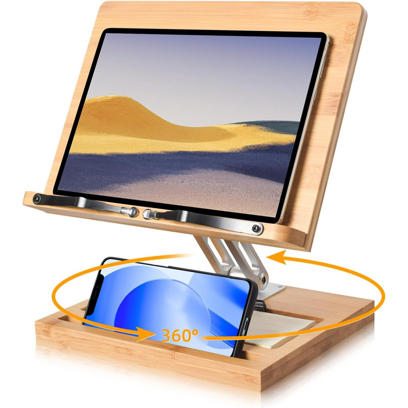 Adjustable Book Stand For Reading, 360 Degree Book Holder Hands Free With Phone Holder Slot And File Organizer, Foldable Desktop Riser For Laptop, Recipe, Textbook,Cookbook Stand