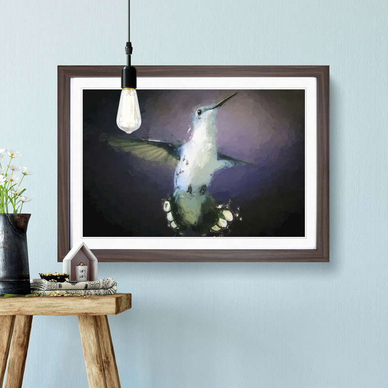 Hummingbird Bird in Flight in Abstract - Picture Frame Painting Print, 62cm H x 87cm W x 2cm D, Walnut Framed