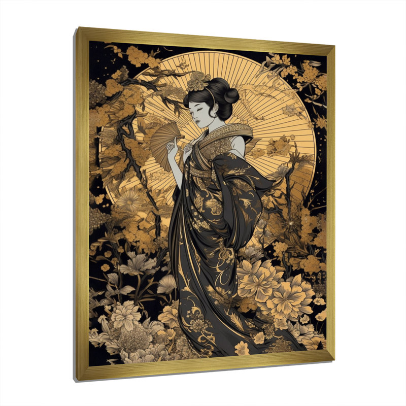 Femme japonaise élégante I - Impression sur toile, Encadrement doré, H 40 po x l 30 po x P 1,5 po
