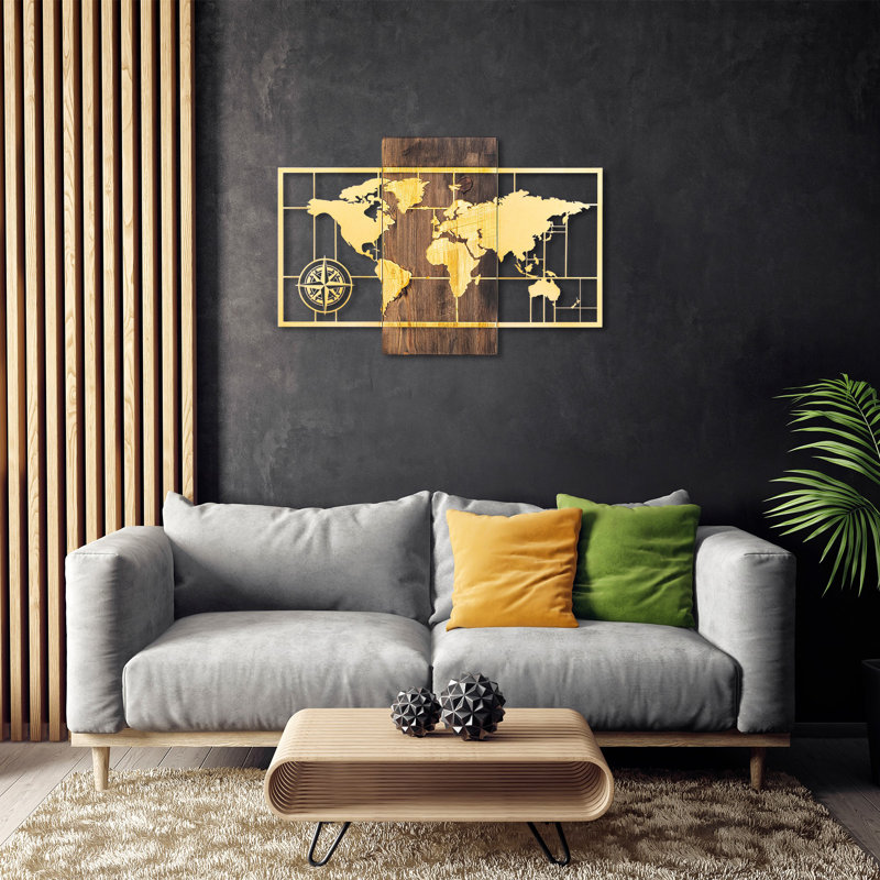 Coastal Abstract Wall Decor on Wood, Walnut/Gold