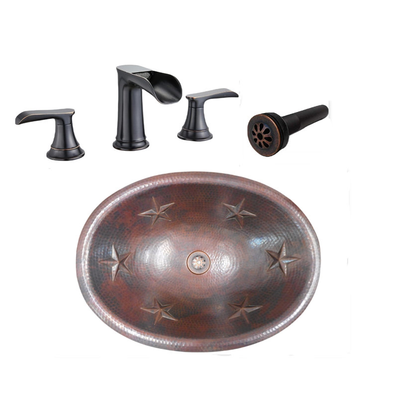 19'' Copper Oval Bathroom Sink STARS Design with Modern Faucet & Daisy Drain