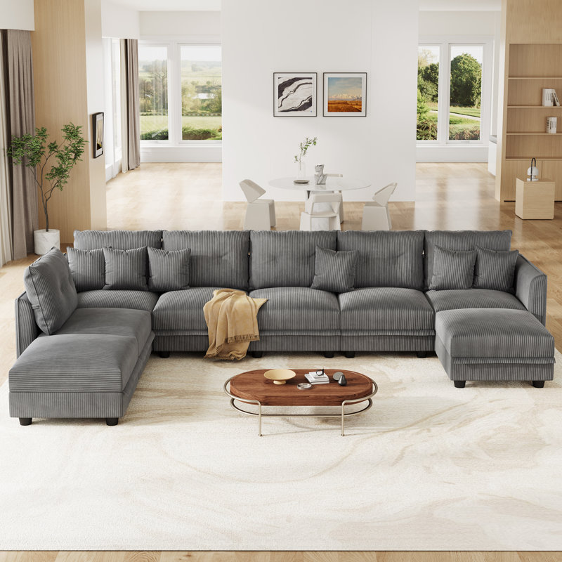 8 Seat Corduroy Convertible Modular Sectional Sofa With Storage, 6 Back Cushion 6 Throw Pillow, Gray Corduroy