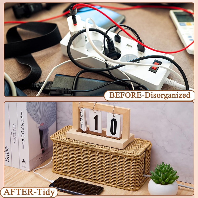 3 Pcs Cable Management Box Synthetic Rattan Cord Organizer Box Cable Hider Box Storage Wire Box With 2 Open Slots For Home Office Desk Computer TV Wires USB Hub ,Small,Medium,Large
