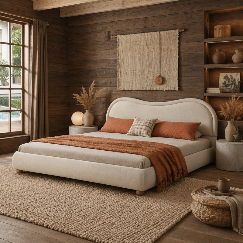 Issabell Upholstered Platform Bed With Wood Slats, King, Beige