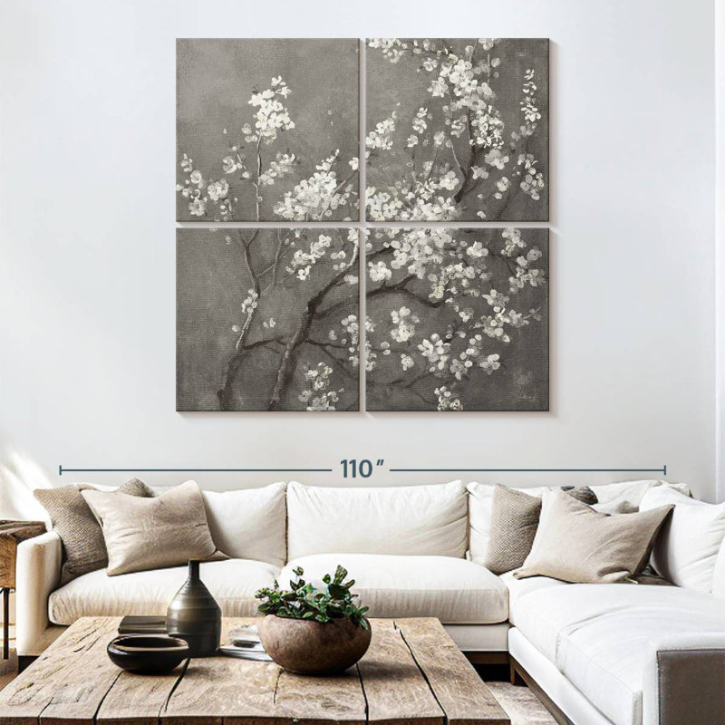 Harnek White Cherry Blossoms I On Grey, 74" H x 74" W