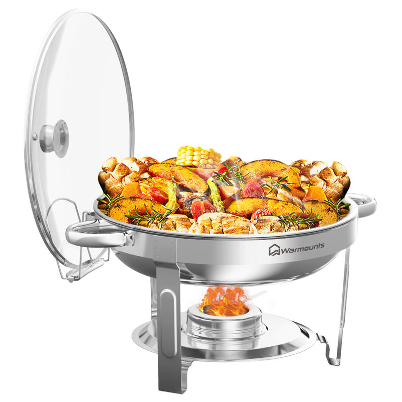Plats de réchaud en acier inoxydable pour buffet 5 pte 1 paquet, réchauds ronds avec couvercle en verre et porte-couvercle