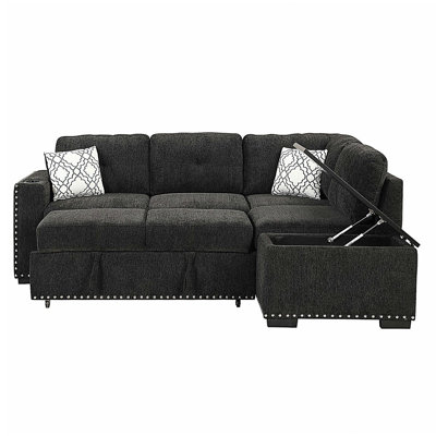 Canapé d'angle en L 83,8 po avec divan-lit en forme de L avec méridienne de rangement, avec port USB, prise de courant, porte-gobelet, convenant au salon, à la chambre à coucher, à la salle d'étude, noir