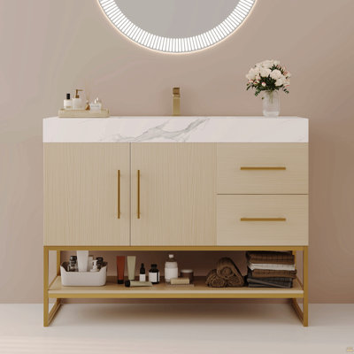 Meuble-lavabo autoportant moderne 36 po avec lavabo en céramique sans couture et plateau en pierre frittée