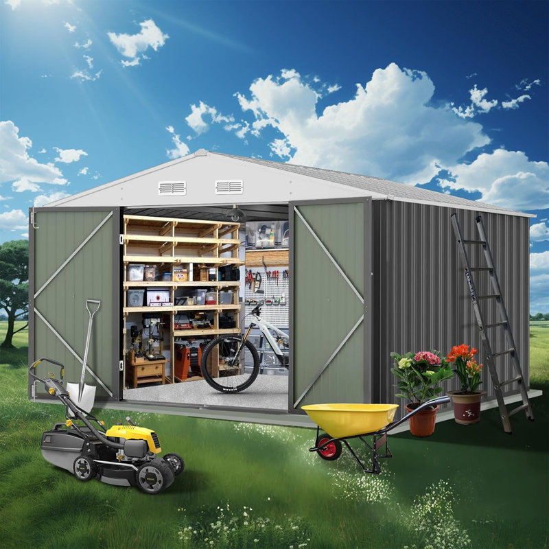 Ensemble de remise extérieure en métal imperméable 12 x 10 pi avec structure de cadre actualisée et double porte verrouillable pour la cour et le patio