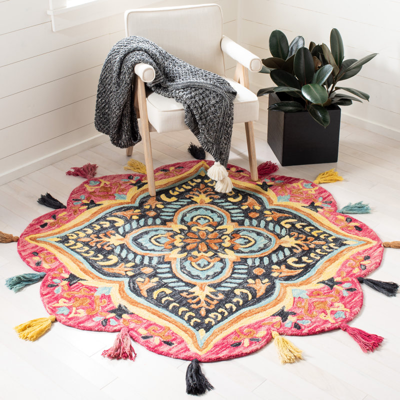 Round Corine Floral Handmade Tufted Wool Area Rug in Pink/Purple, Round 5'