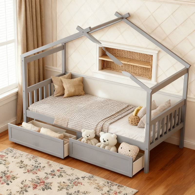 Lit en bois avec tiroirs, gris, Simple
