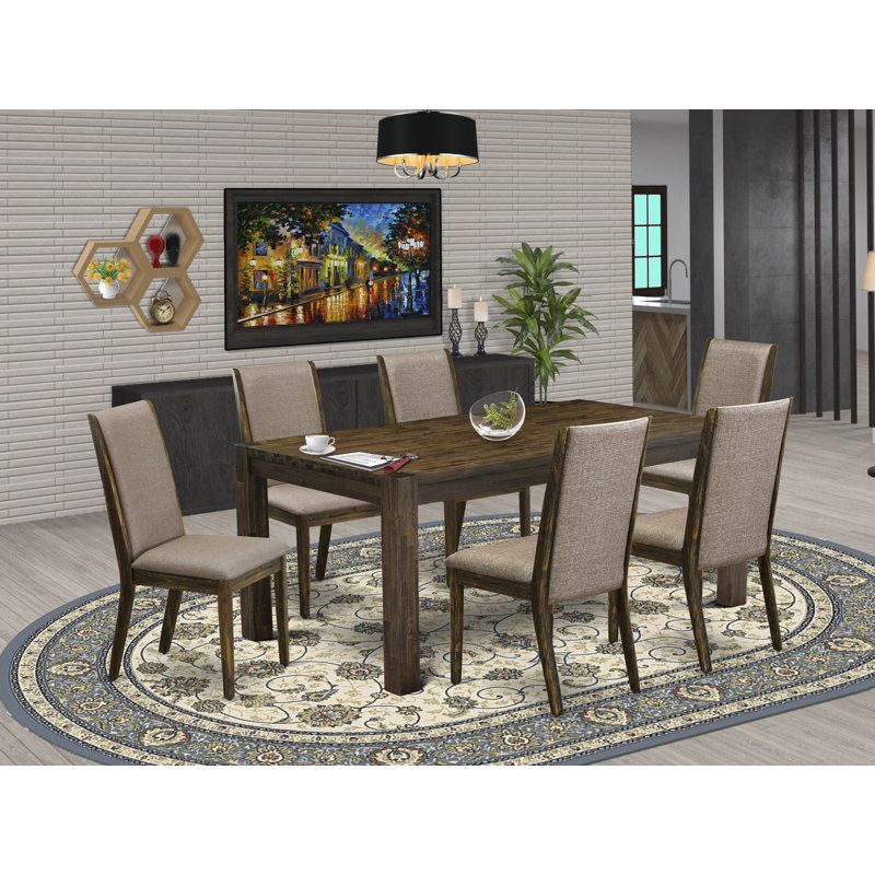 Ensemble de salle à manger 7 pièces composé d'une table de salle à manger rectangulaire en bois rustique et de 6 chaises rembourrées en tissu kaki foncé, jacobin vieilli