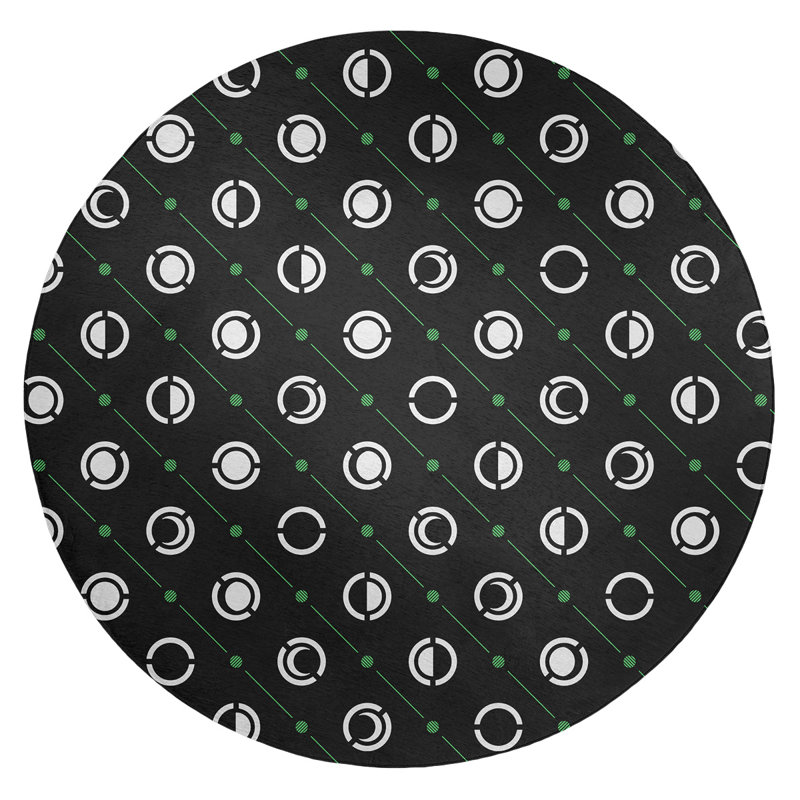 Tapis noir/vert à phases de lune, Rond 5 pi