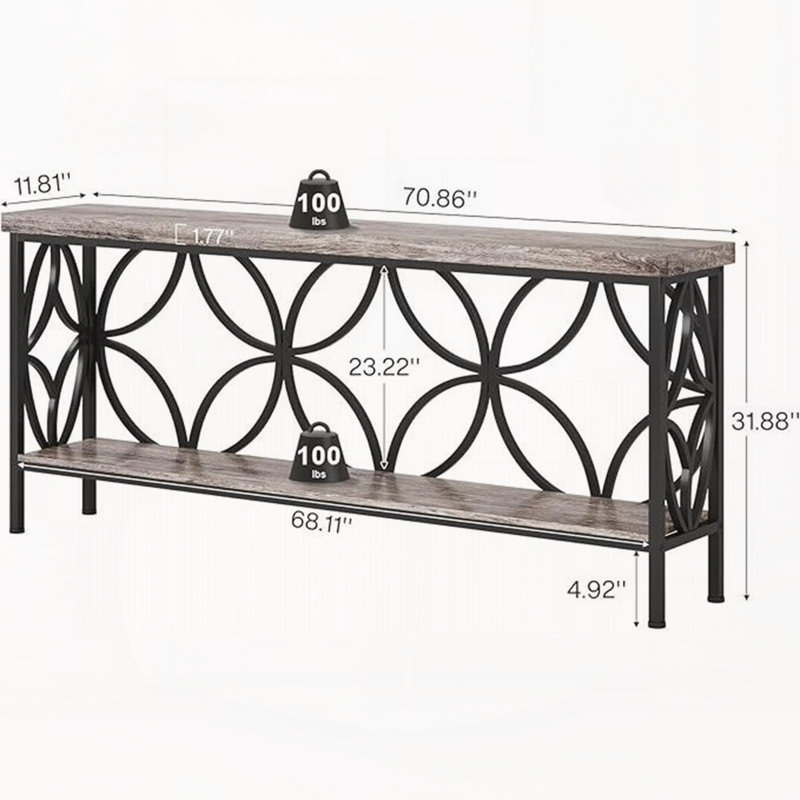 Table basse, console à 2 niveaux, canapé moderne, H 31,52 po x l 70,92 po x P 11,62 po, Gris / noir, gris