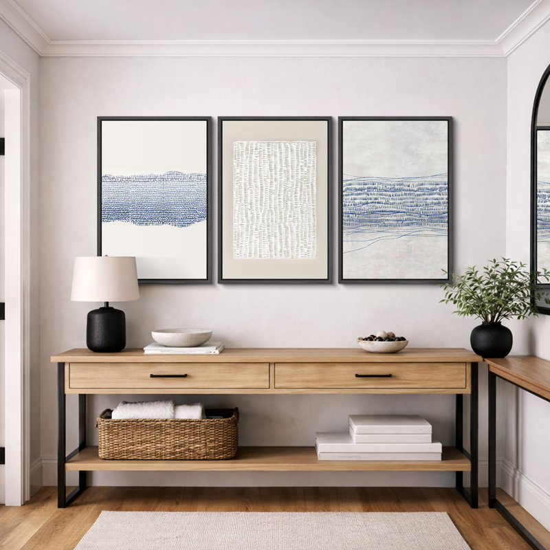 Geometric Line "Grunge Beige Blue Abstract Artwork, Modern Neutral Minimalist Wall Pictures, Large Framed Canvas Giclee Print 3 Pieces Wall Art" 16x24x3 pcs, 24x36x3 pcs