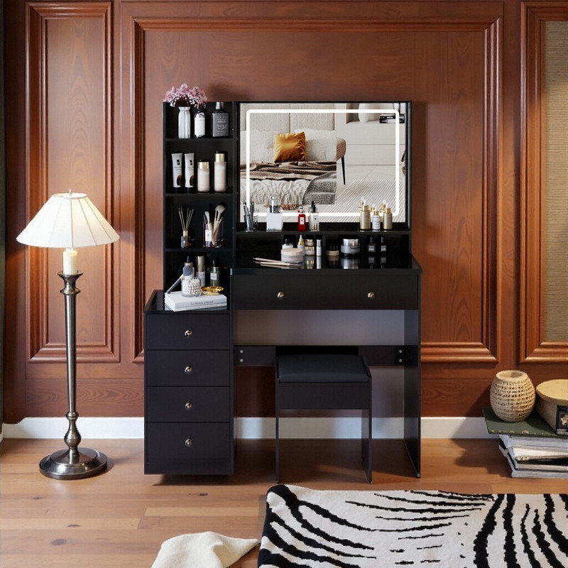 Ensemble de meuble-lavabo 41 po avec miroir à DEL, coiffeuse multi-rangement et tabouret, Noir