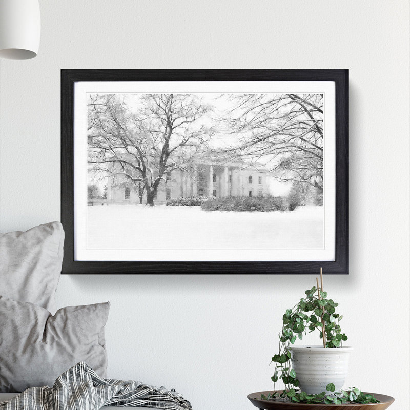Wintertime View of the White House - Picture Frame Photograph Print, 40cm H x 60cm W x 2cm D, Black Framed