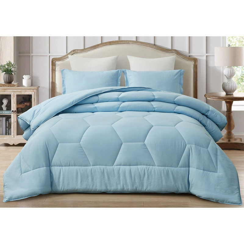Washed Microfiber Bedding Honeycomb Comforter Set, King Comforter + 2 King Shams, Chambray Blue