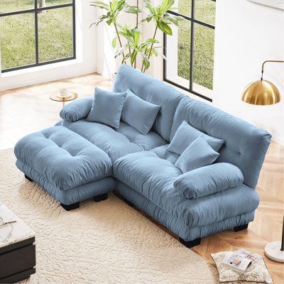 Canapé modulaire Cloud Couch pour le salon, canapé 2 places en chenille avec 2 coussins lombaires et 2 coussins décoratifs, canapé rembourré à large accoudoirs avec repose-pieds convertible, bleu chenille