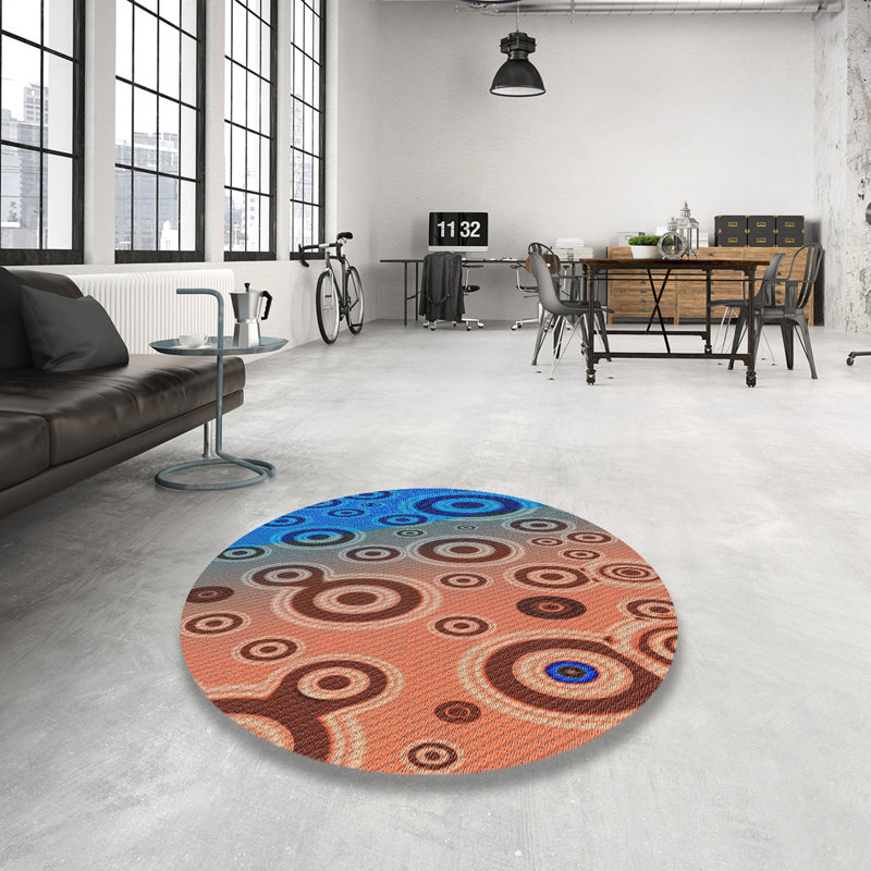 Tapis bleu/orange tissé à la machine, Rond 6 pi