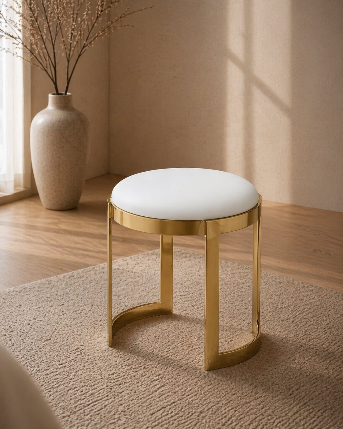 Nouri Accent Stool, Gold, White Faux Leather