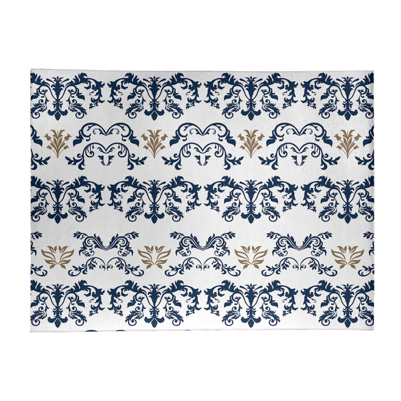 Tapis damassé blanc / bleu marine, Rectangle 8 pi x 10 pi