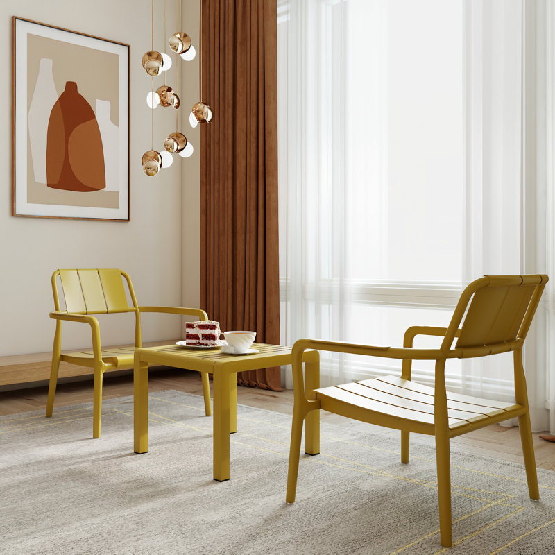 2 chaises simples pour 2 personnes et table basse, meubles en polypropylène jaune, pour l'intérieur extérieur, la décoloration, la conception toutes saisons, 5 utilisations intérieures / extérieures, de qualité commerciale, toutes saisons, robustes,
