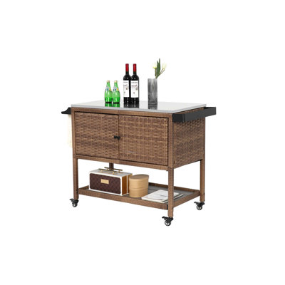 Outdoor Wicker Bar Cart, Patio Wine Serving Cart w/Wheels, Rolling Rattan Beverage Bar Counter Table w/Glass Top for Porch Backyard Garden Poolside Party, Brown