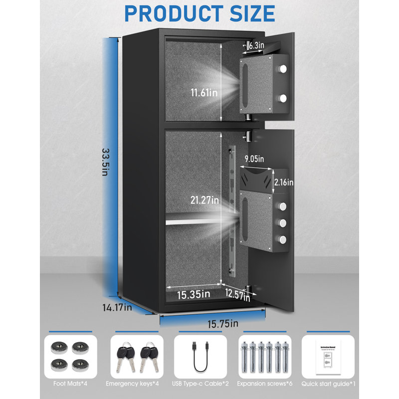 7.0 Cu Ft Extra Large Home Safe Box Fireproof Waterproof, Digital Home Security Safe Box With Deposit Slot & Metal Storage Box