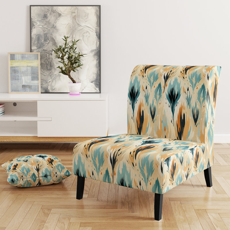 Natural Yellow And Blue Ikat Serenity - Upholstered Boho Slipper Chair, Ikat Pattern Accent Chair