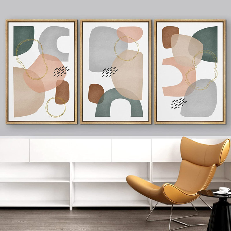 Impression sur toile encadrée de style Mid-Century coloré abstrait moderne Mid-Century 3 pièces, H 36 po x l 72 po x P 1,5 po