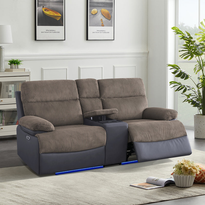 77" Dual Power Recliner Sofa - Wireless Charging, LED Lighting, USB Ports & Storage, Brown;Black, 2
