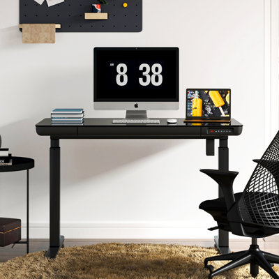Bureau debout électrique à hauteur réglable de 48 po avec plateau et tiroir en verre trempé