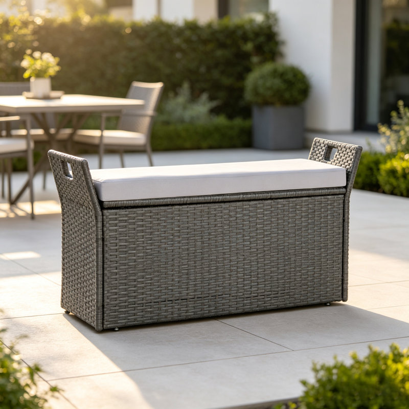 Banc de rangement en rotin PE 40 gallons, boîte de rangement imperméable 2-en-1 avec support de couvercle pneumatique et coussin lavable amovible