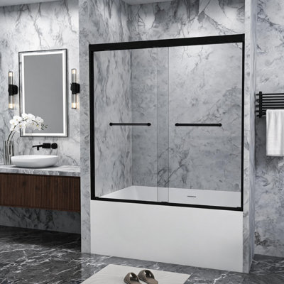 Porte de douche coulissante double avec cadre en aluminium noir mat, verre trempé, film anti-explosion et poignée en acier inoxydable, largeur de 56 à 60 pouces.