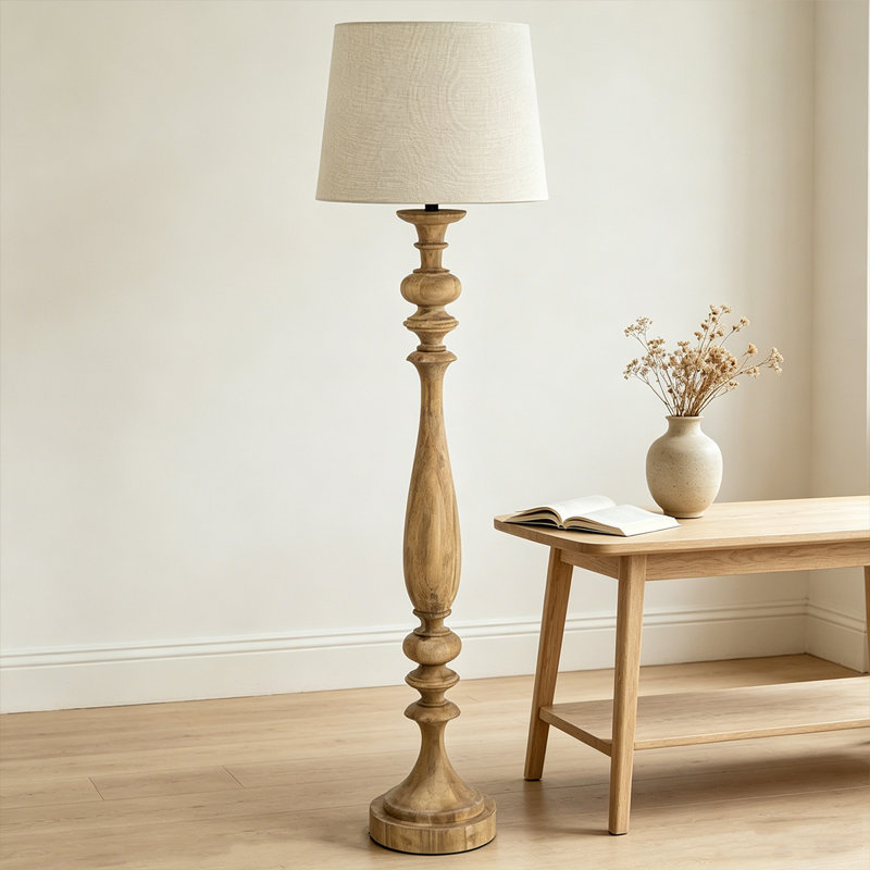 White+Light-brown Linen+Solid Wood Free Form Floor Lamps