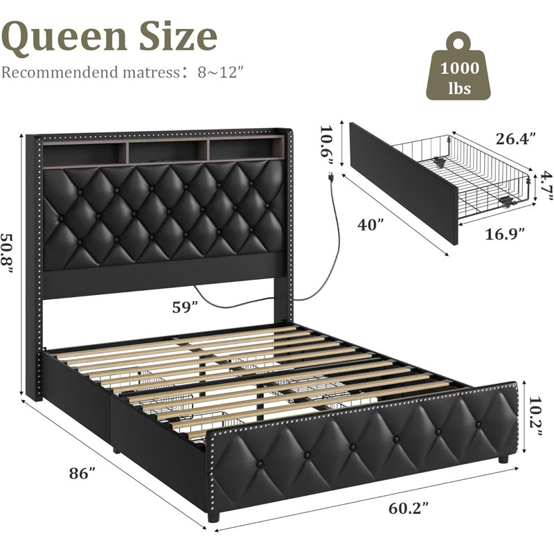 Mijin Bed Frame With 50.8" Tall Headboard And 4 Storage Drawers, Platform Velvet Upholstered Bed Frame With Charging Station, Led Lights