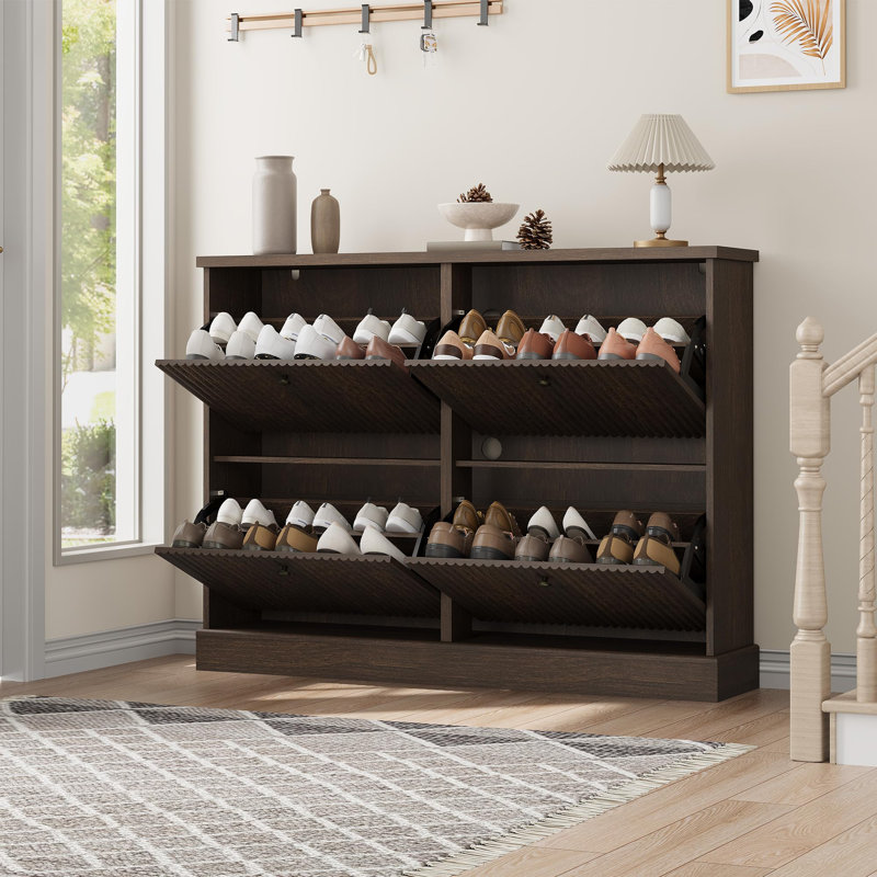 Range-chaussures avec 4 tiroirs rabattables pour le vestibule, le salon, Bois brun