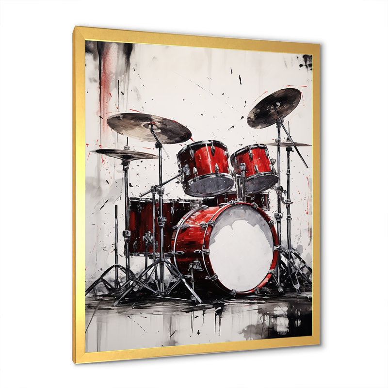 «Music Drums Pulse Deep Red II» sur toile, Cadre doré simple, H 32 po x l 16 po x P 1 po
