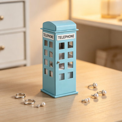 Boîte à bijoux de 11,5 po de hauteur en cuir bleu pastel, conception de cabine téléphonique britannique avec 8 fenêtres en acrylique, organisateur de bijoux à anneaux multi-tiroirs
