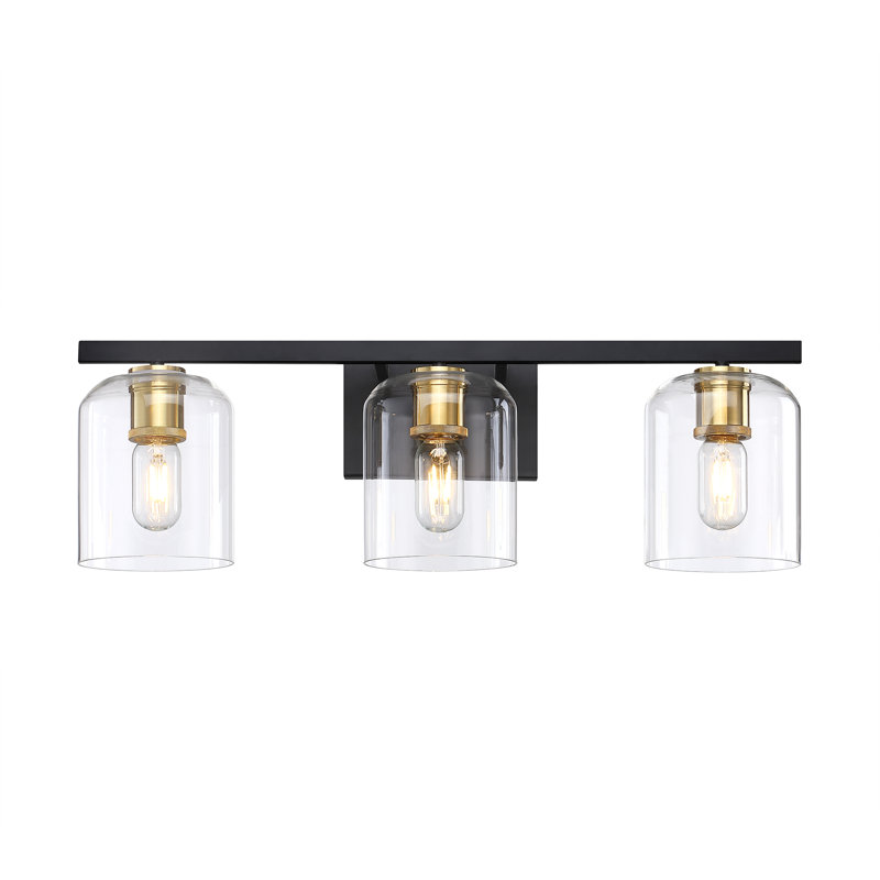 Éclairage pour salle de bain 3 lumières 25,5 po à deux tons noir et or doux avec douilles décoratives rétro et abat-jour en verre transparent