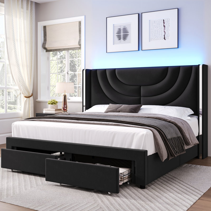 3-Piece Bedroom Set, Storage Bed with LED Light, 2 Nightstands with Charge Station, Black, Queen