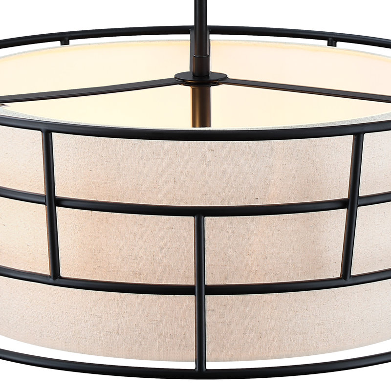 Beckles 60 Watt 3-Light Drum Pendant with Fabric Shade and Metal Outer Cage, Matte Black
