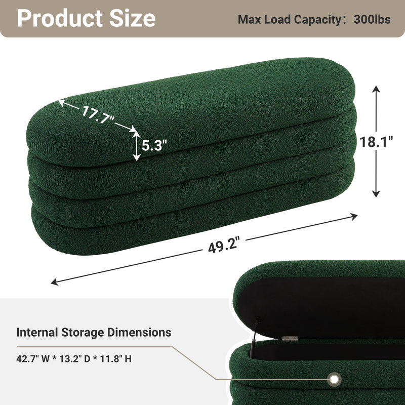 Polyester Upholstered Storage Bench, Dark Green