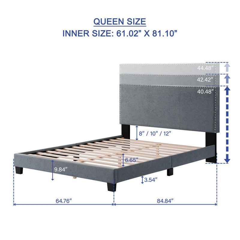 Lit plateforme tapissier avec garniture cloutée, Gris, Grand lit