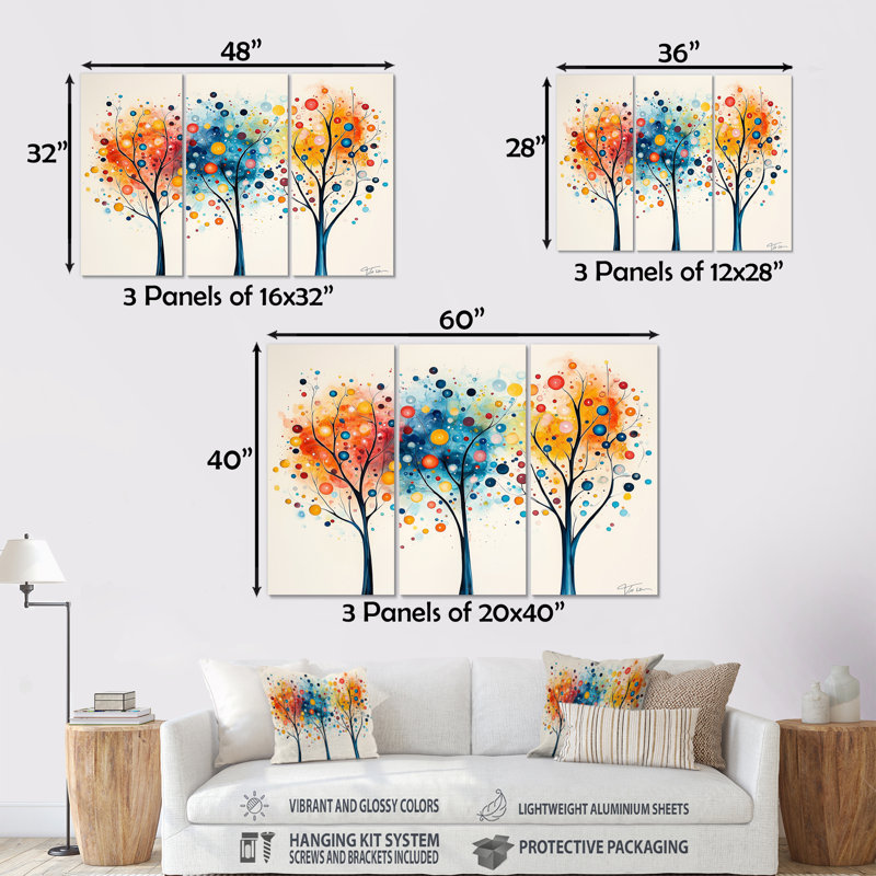 5 saisons, orange et bleu, arbre, reflets III, ensemble d'art mural abstrait Mid-Century, Métal métal