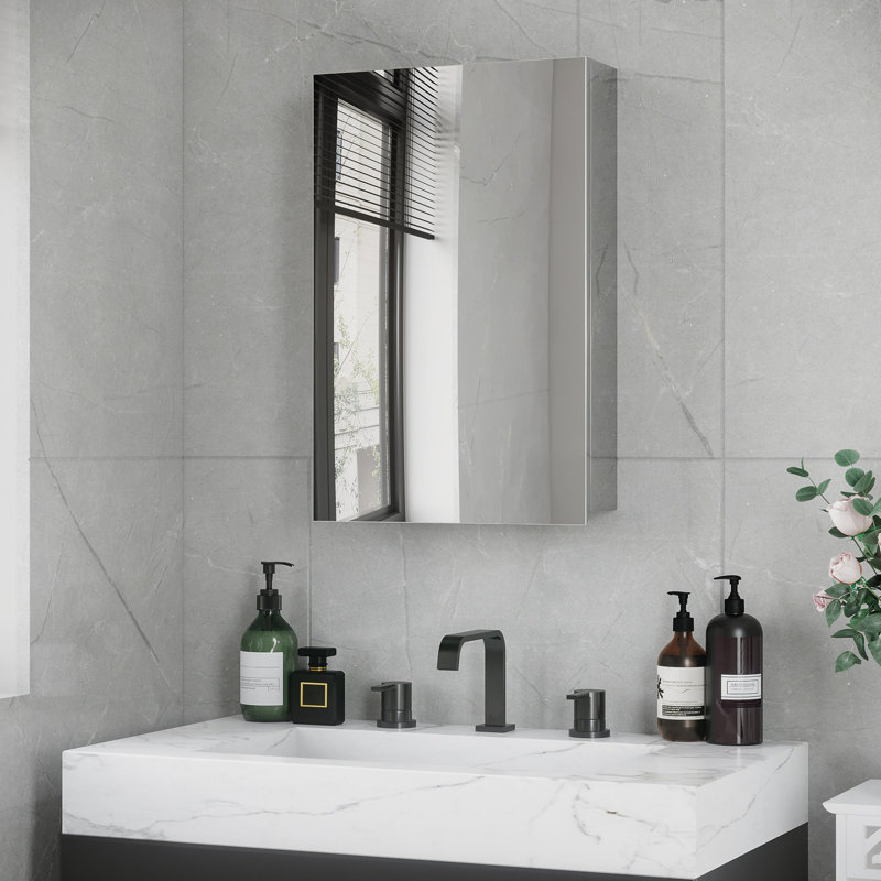 Armoire de salle de bain à miroir argentée - 15,13 po x 23,91 po, porte à charnières, rangement et rangement pour tablettes et buanderie