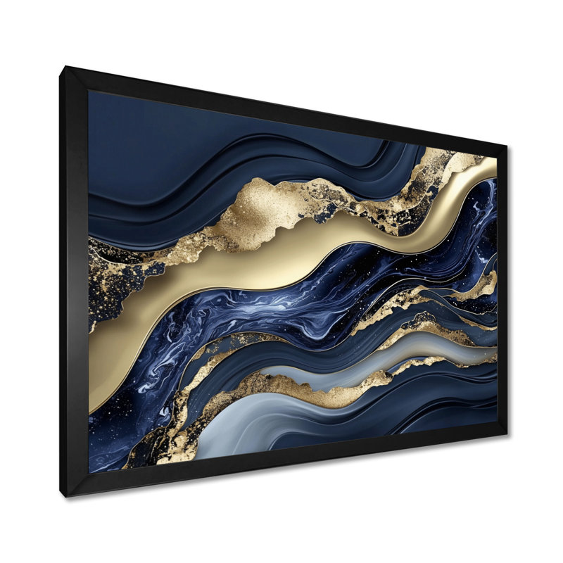 Or et rivière bleue de marbre chaos II - art mural abstrait en marbre, H 12 po x l 20 po, Noir